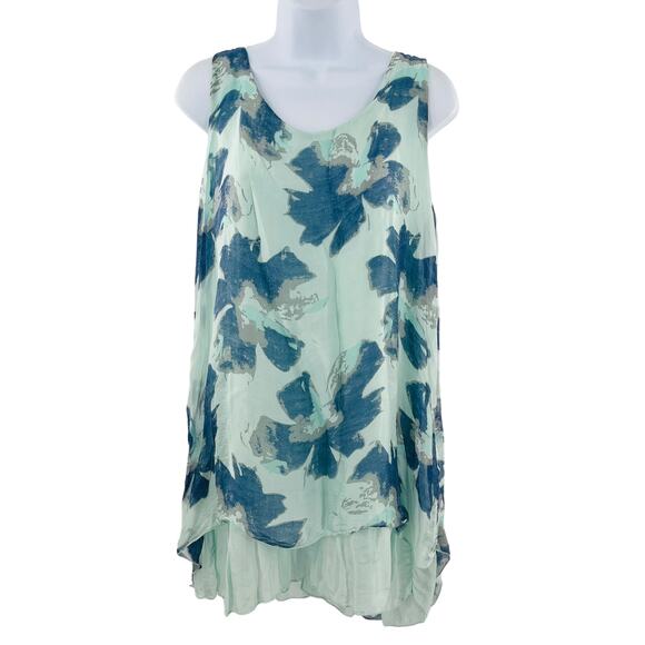 M Made in Italy Teal Floral Silk  Flowy Sleeveless Lined Lightweight Tank Top L - Picture 1 of 8